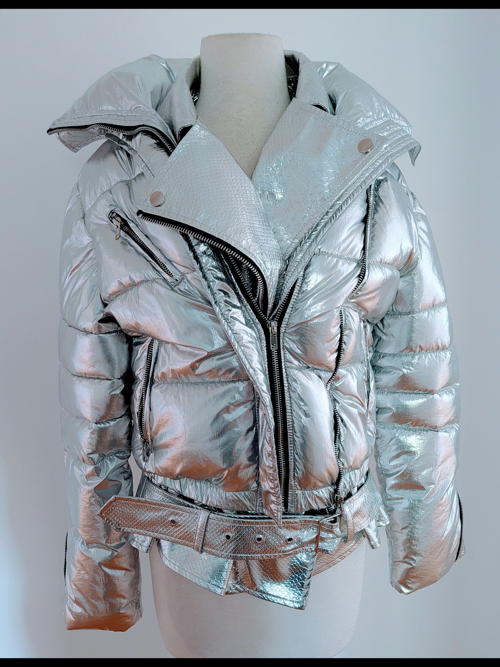 Simons Silver Metallic Quilted Puffer Jacket with Belt